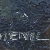 Mountain painting with path between trees signed Dumenil