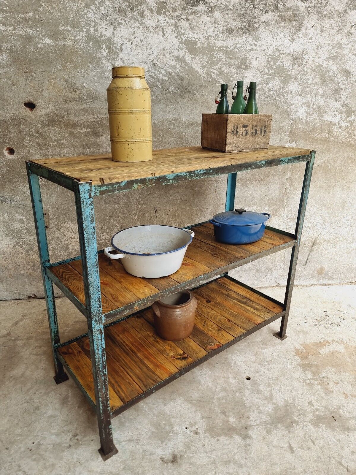 Industrial shelving unit sidetable kitchen rack pastel blue