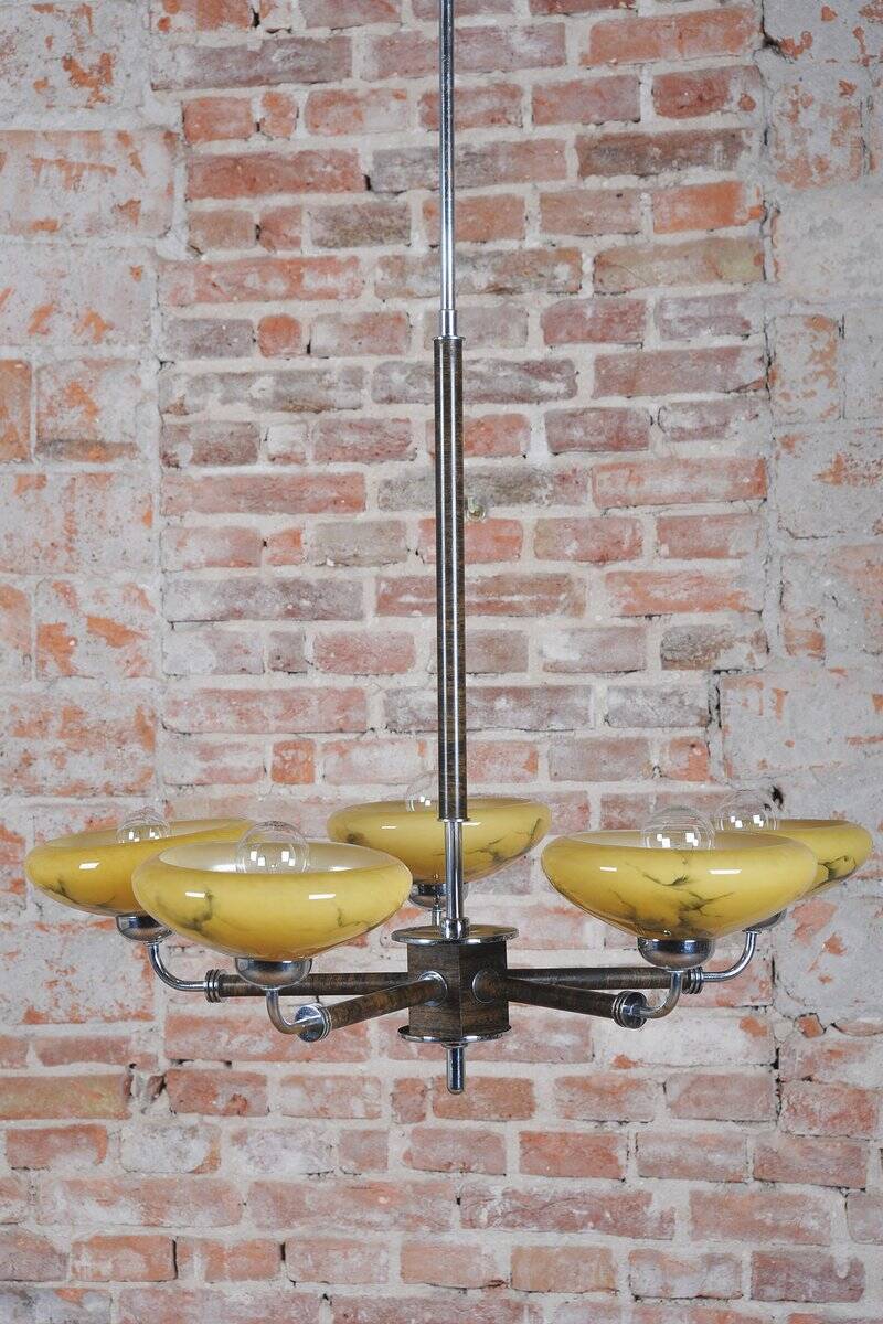 Art Deco Chandelier in Chrome, Beech, Walnut and Glass, Czech, 1920s