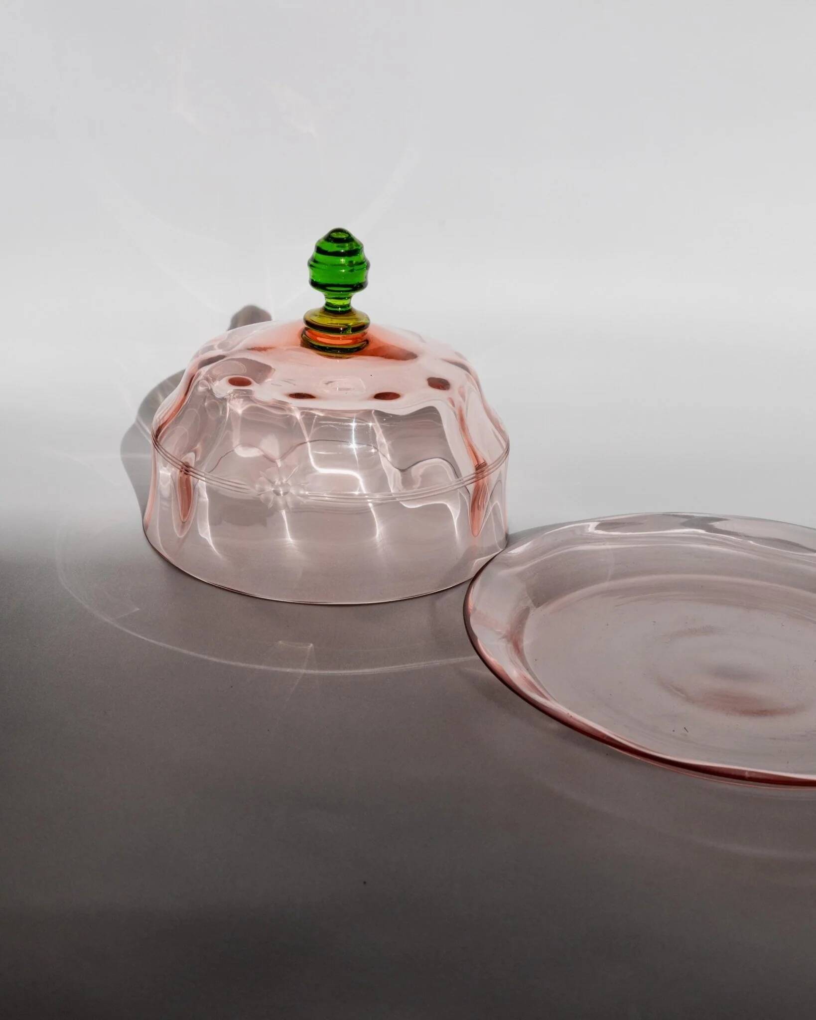 Pink Glass Cloche with Green Finial on Plate – 1930s Italian Vintage Glass Tableware
