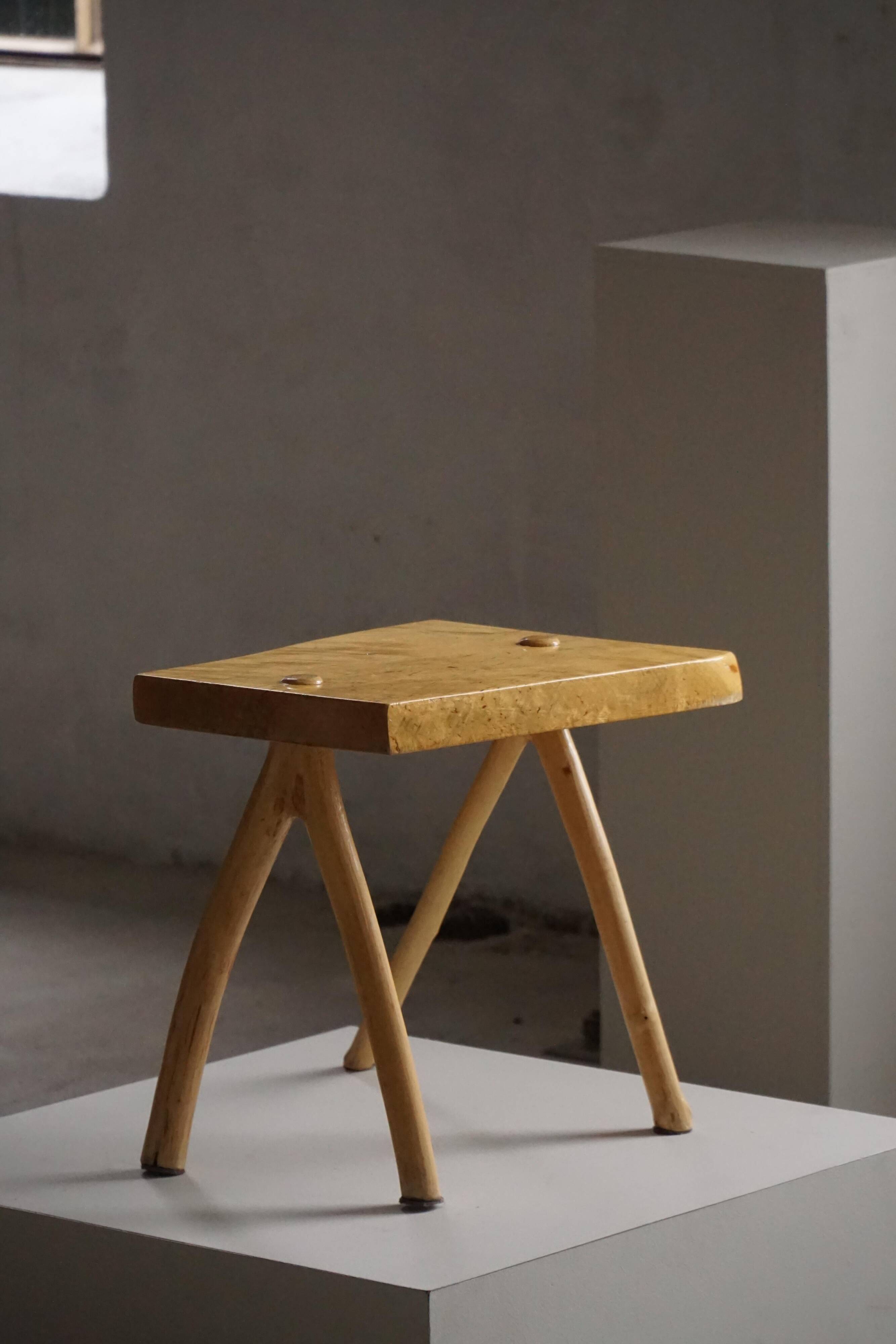 Wabi-Sabi stool in handmade birch, modern Scandinavian style, 1960s.