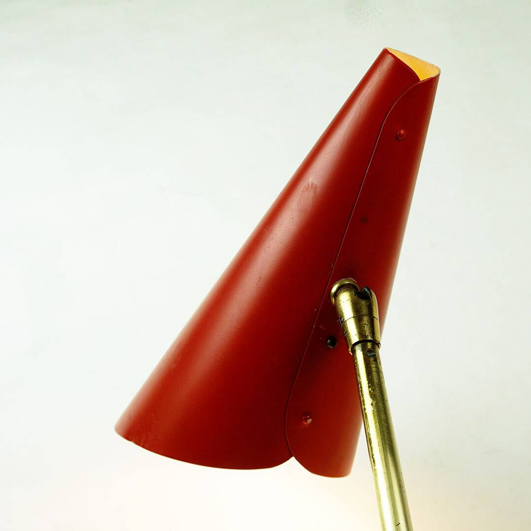 Red Austrian mid-century brass and iron table lamp by J.T. Kalmar