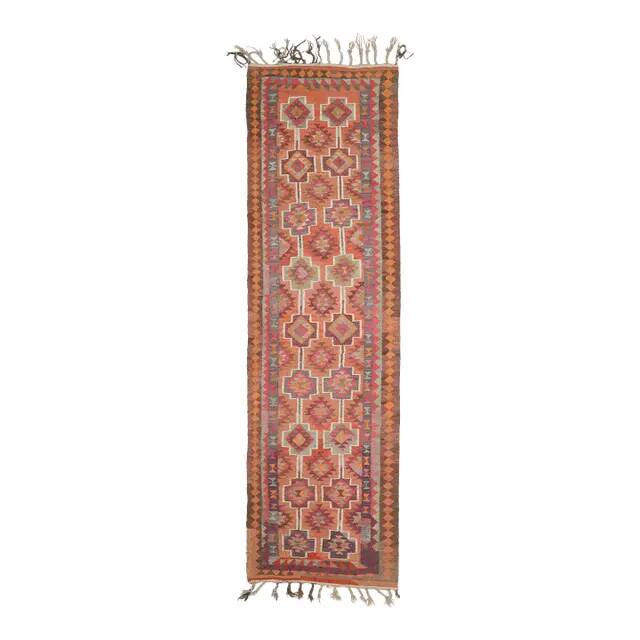 1970s Vintage Turkish Hand-Knotted Wool Cotton Orange Runner Rug 104x365