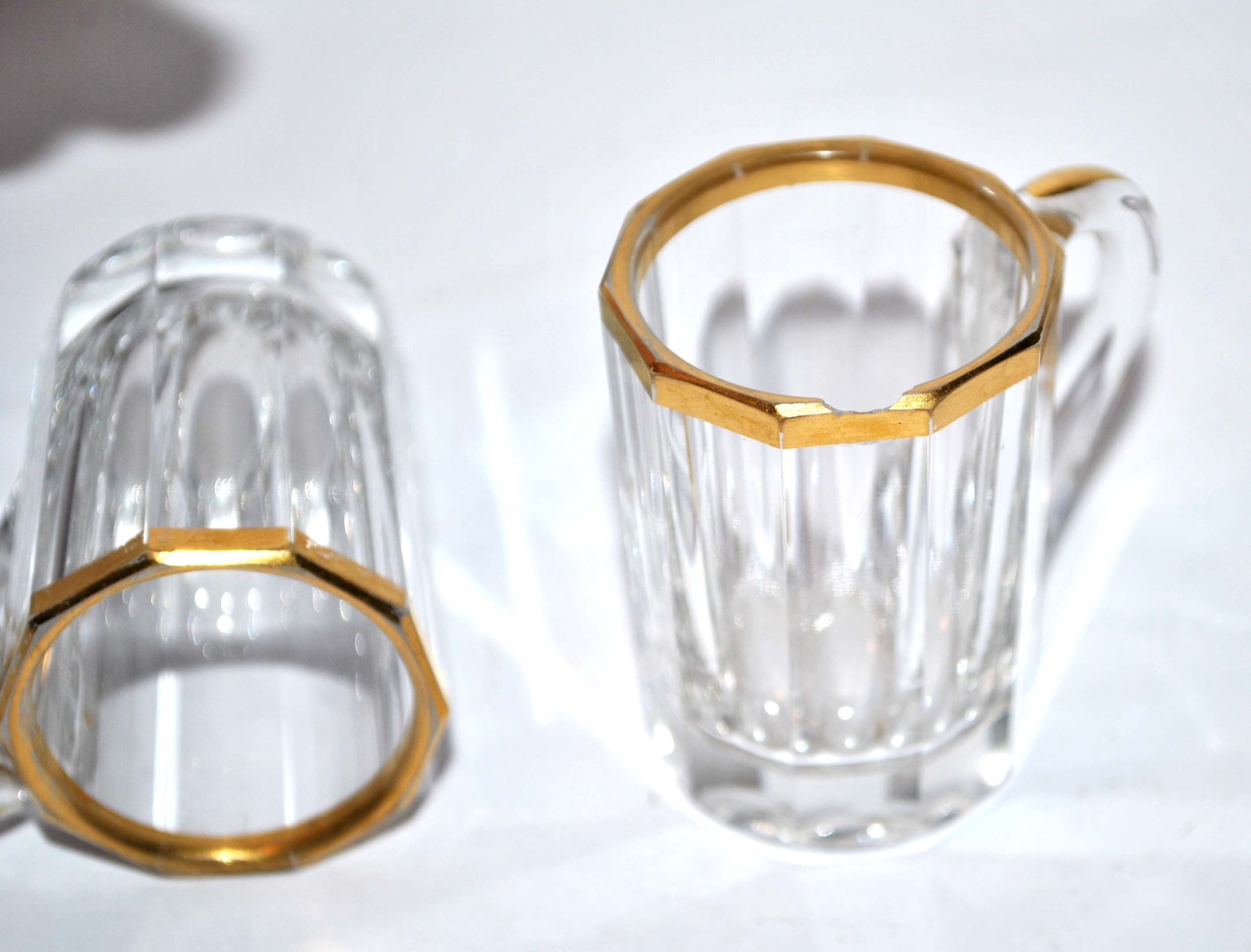Baccarat set of 2 glasses with liquor mug in gilded cut crystal 1907 4.5cm