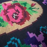 Hand-woven wool carpet black background with large roses 214x158cm