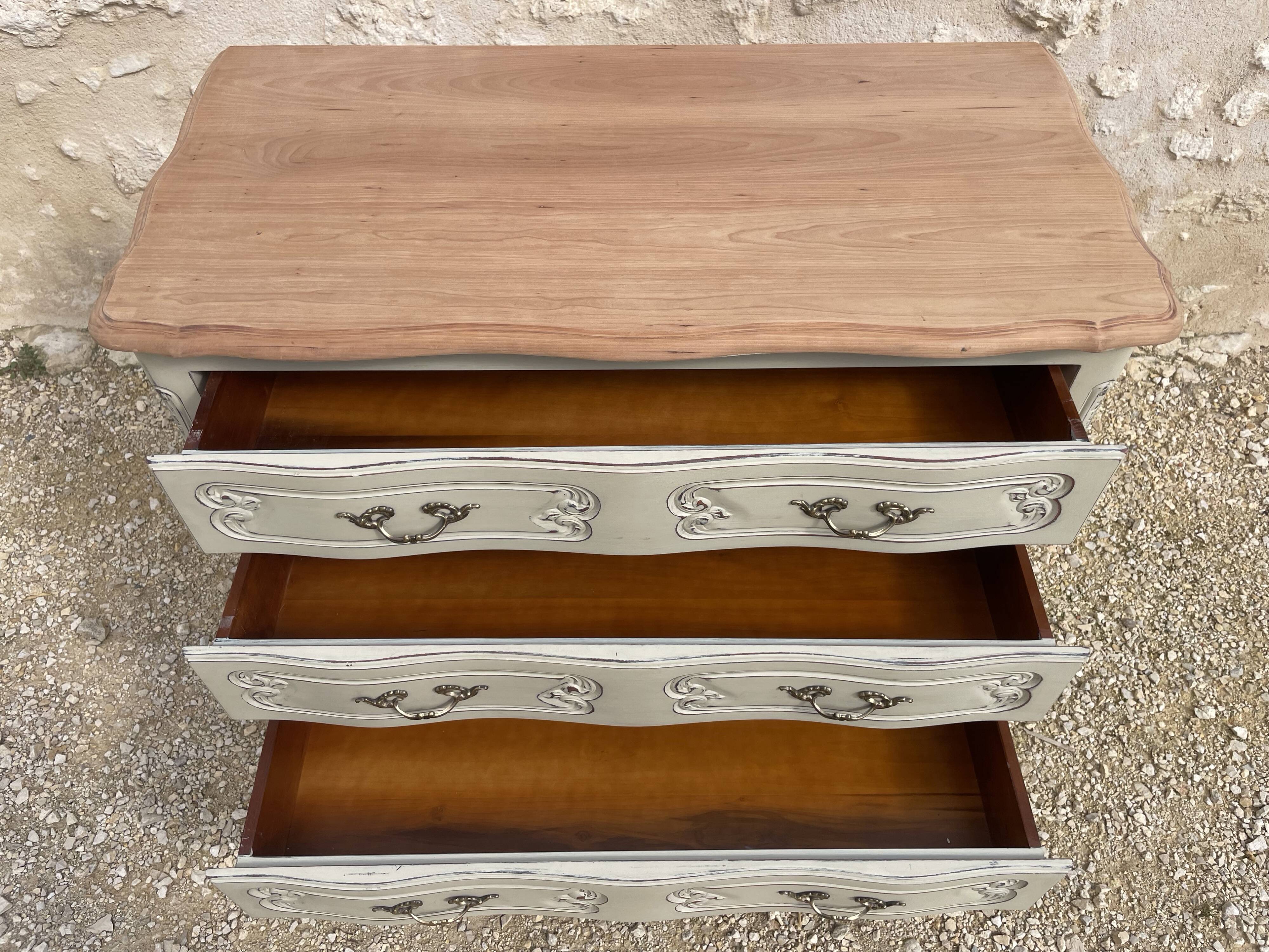 Louis XV style chest of drawers in patinated cherry wood and raw wood top