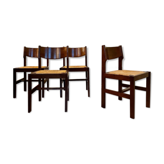 Set 4 chaises Baumann assise paillage 1970