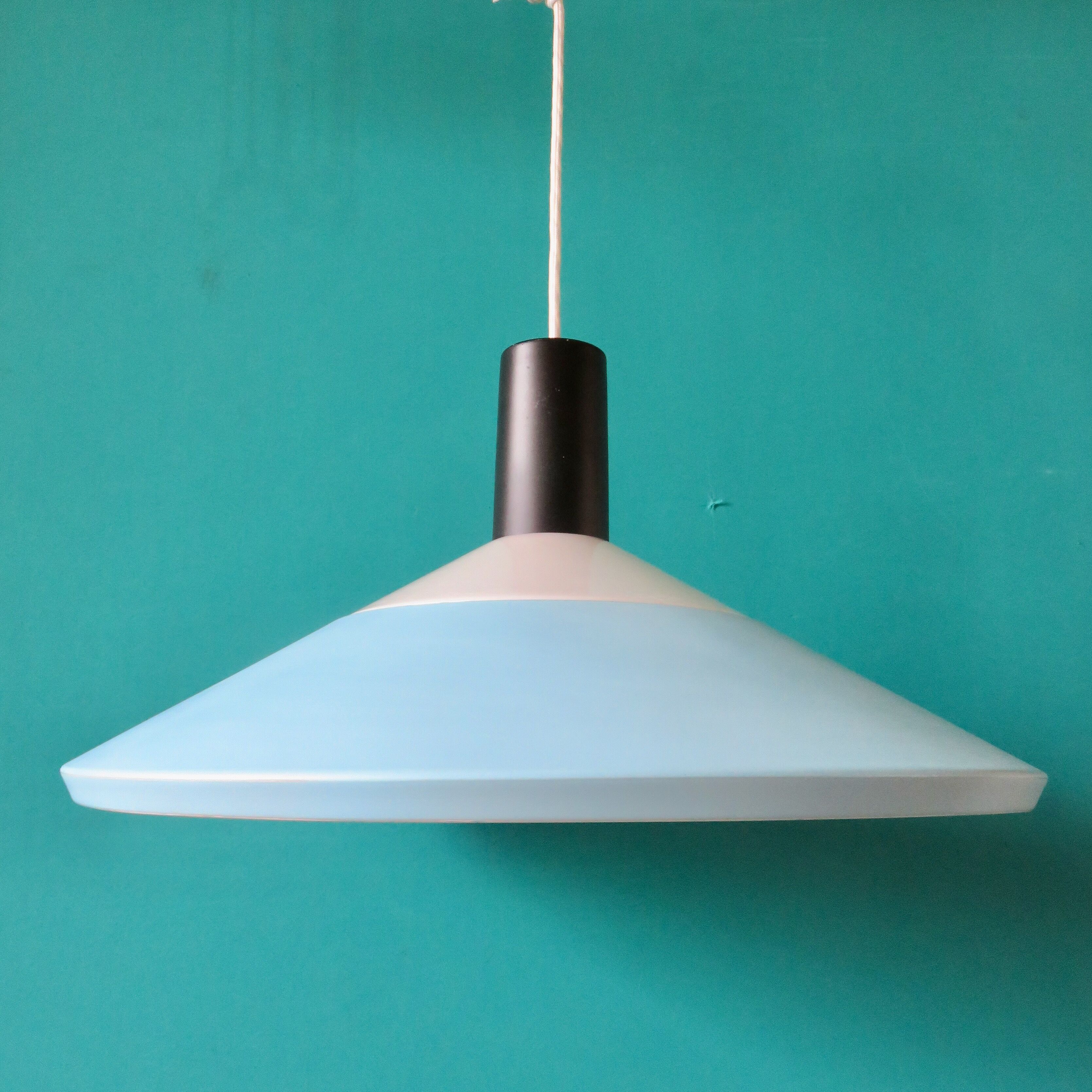 Light blue, black and white suspension, Louis Poulsen. Denmark 1960