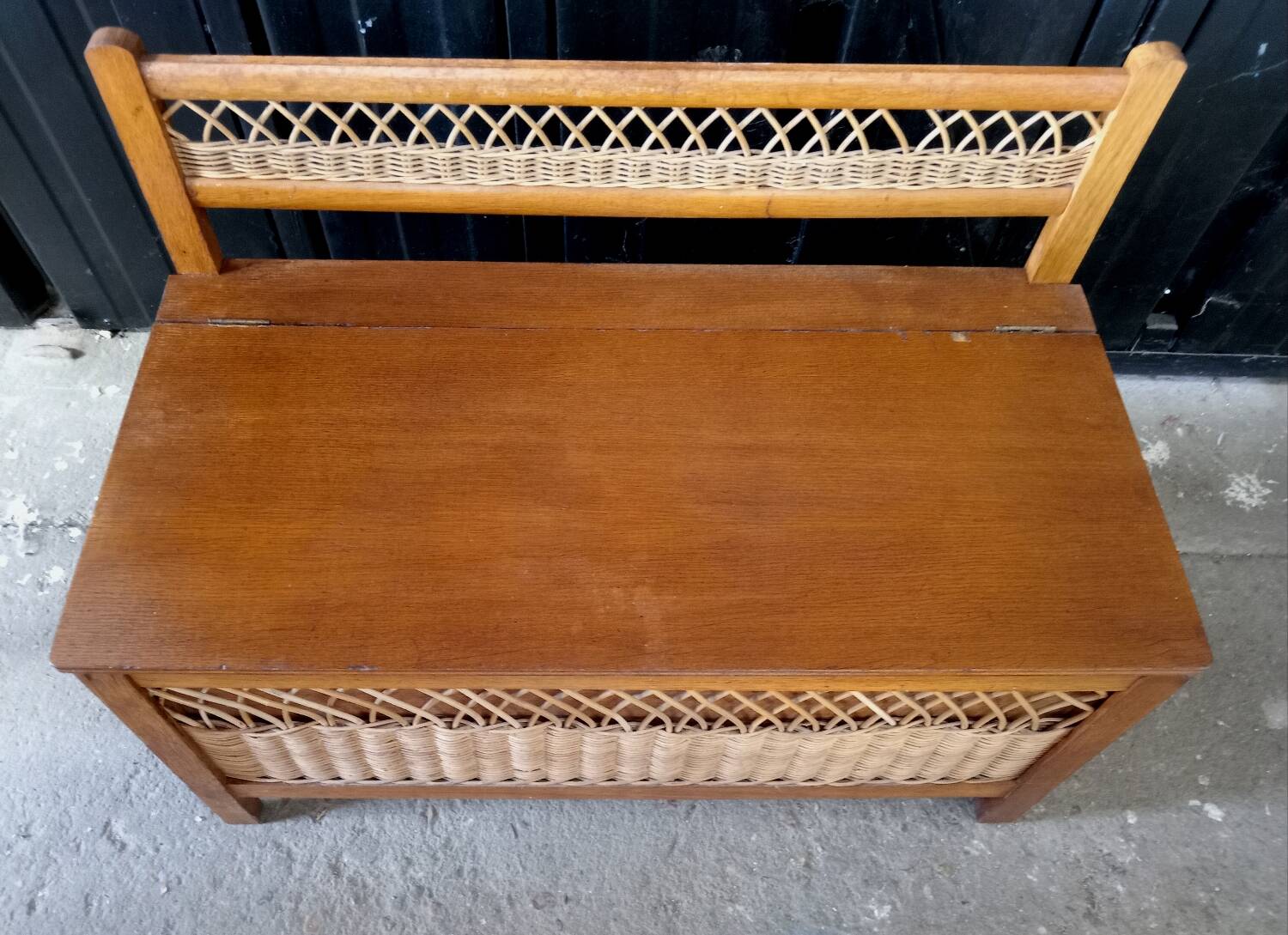 Vintage wood and rattan toy chest bench