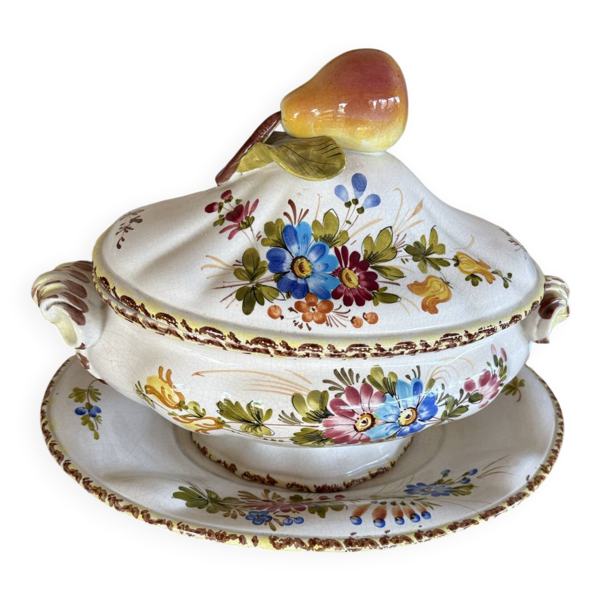 Antique soup tureen in Italian majolica, hand-painted + tray