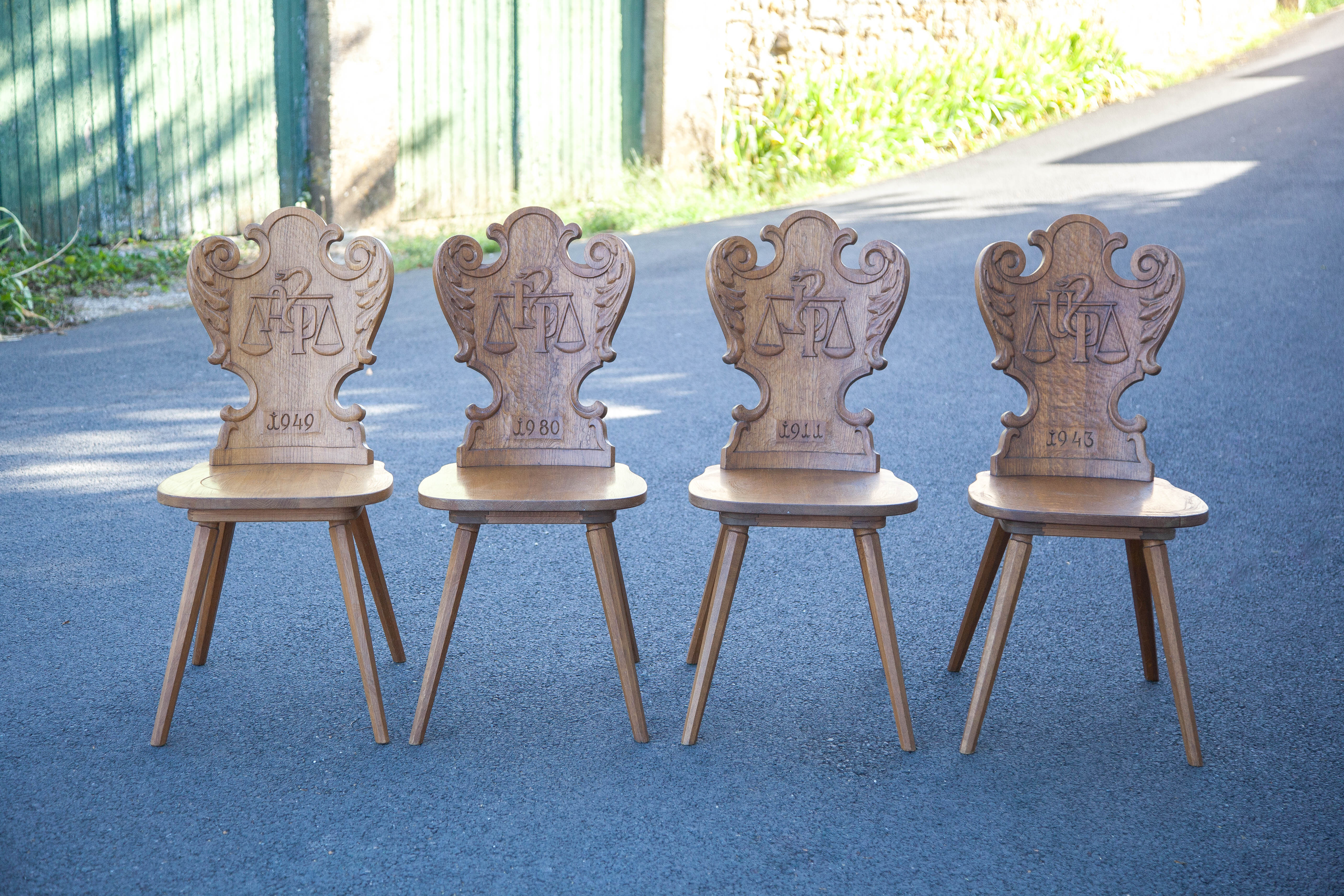 Set of 4 carved wooden stepladder chairs, pharmacy, brutalist, mountain style