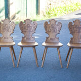 Set of 4 carved wooden stepladder chairs, pharmacy, brutalist, mountain style
