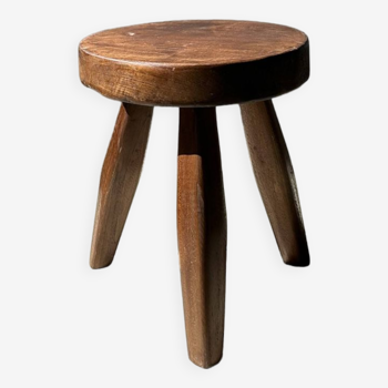 Tripod stool in upcycled teak, low flat - Small tripod stool in brown solid wood, circular seat
