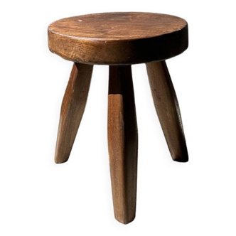 Tripod stool in upcycled teak, low flat - Small tripod stool in brown solid wood, circular seat