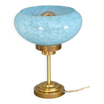 Lampe à poser vintage en verre de Clichy bleu & laiton patiné