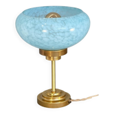 Lampe à poser vintage en verre de Clichy bleu & laiton patiné