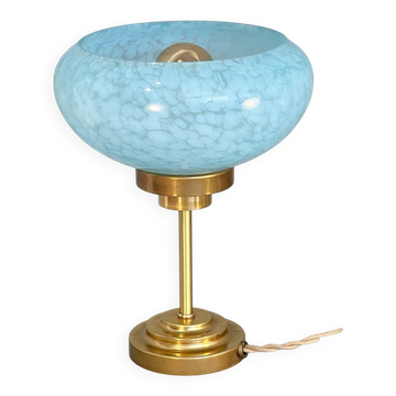 Lampe à poser vintage en verre de Clichy bleu & laiton patiné