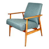 Fauteuil 'Lis', années 1970, tweed turquoise par Henryk Lis - bois de hêtre naturel