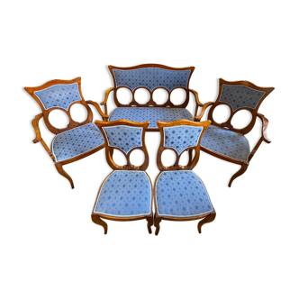 Salon Art Nouveau complet, 1 canapé + 2 fauteuils + 2 chaises, ca 1900