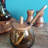 Oil, vinegar, mustard, pepper, salt, olive wood servant from Spain.