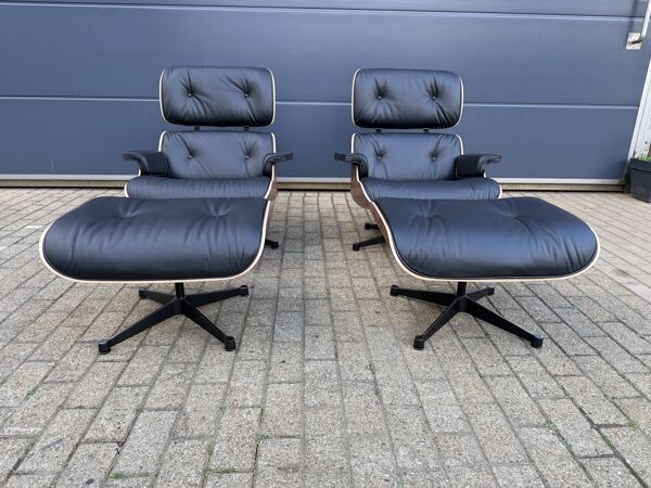 2 x Vitra Eames Lounge chair XL + Ottoman, Zwart leder & Santos Palissander
