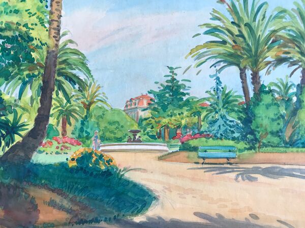 Aquarelle originale de tony minartz (1870-1944) promenade printanière dans un parc de la côte d'azur
