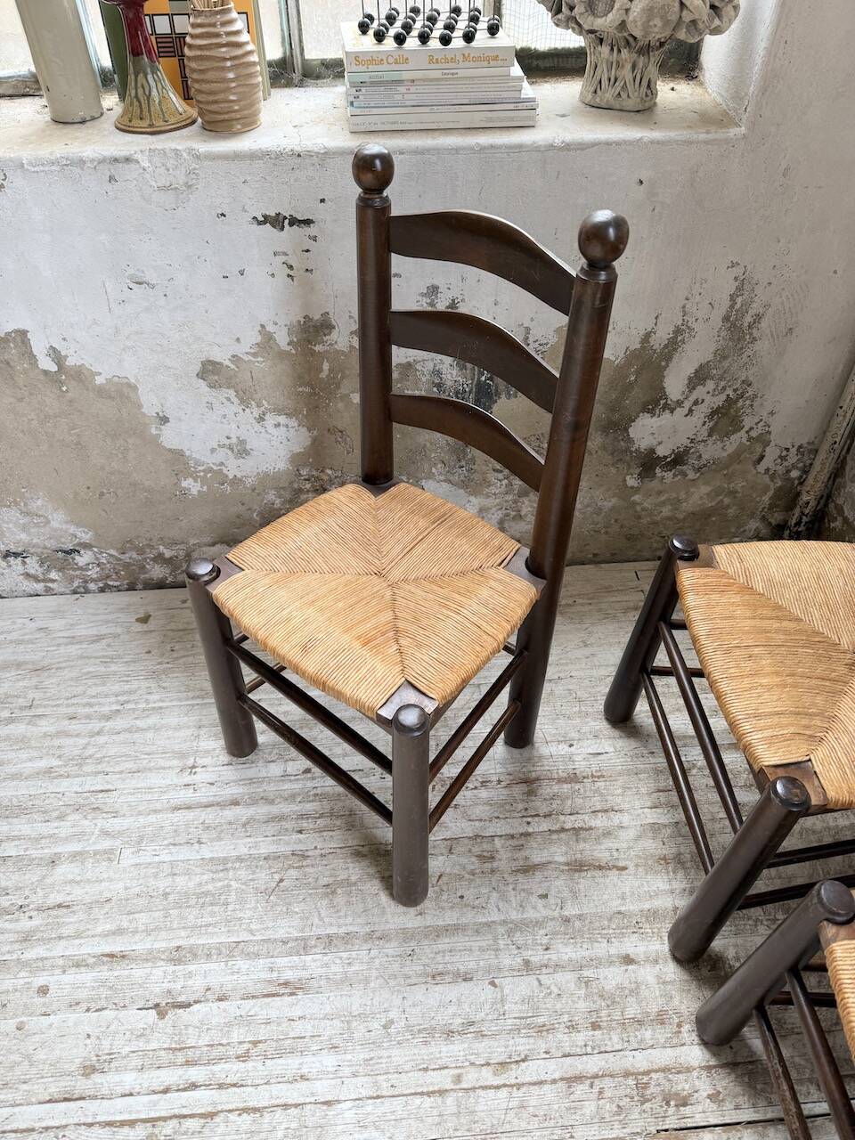Straw chairs oak 1940s Dudouyt