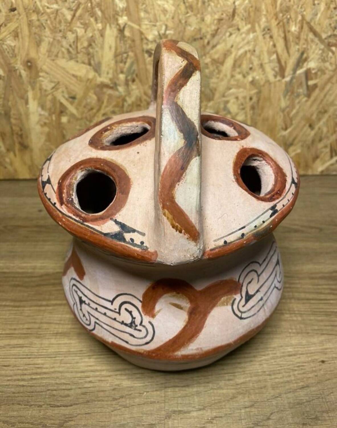 Ancient Berber flower holder, painted terracotta, vintage ethnic vase.