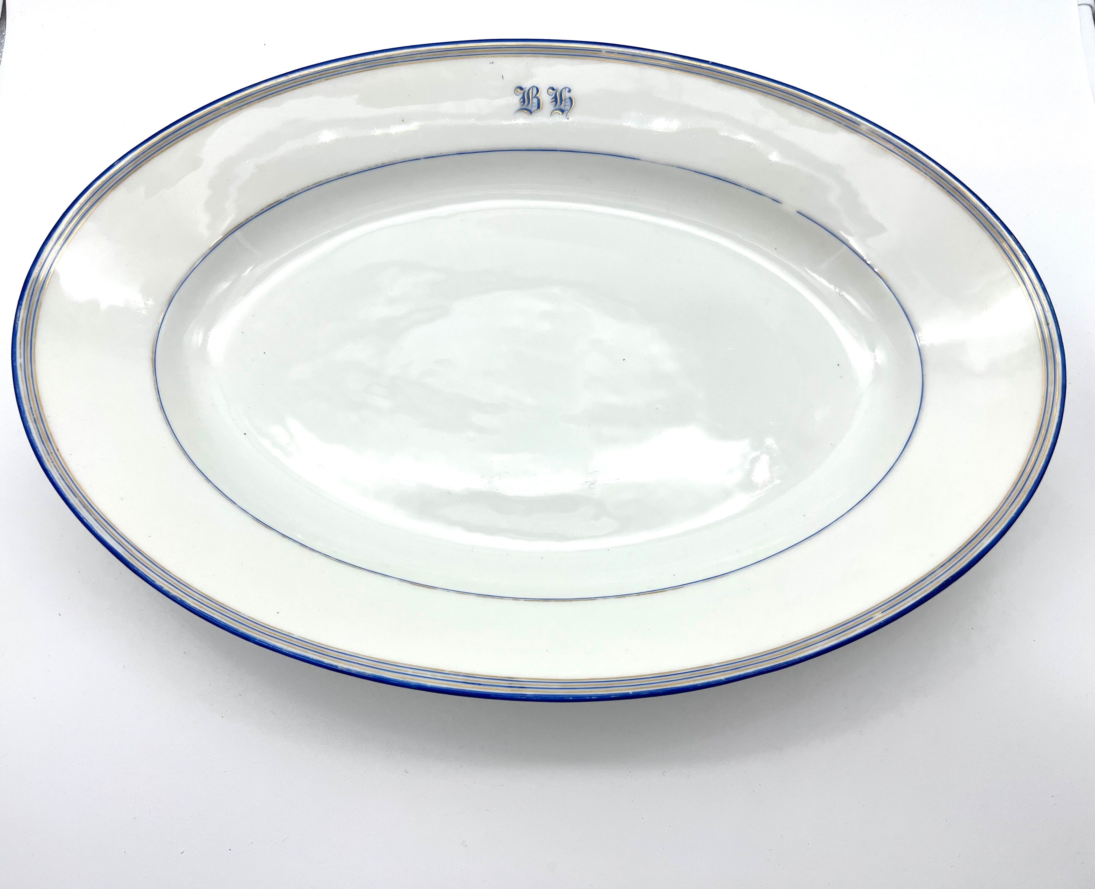 Monogrammed oval dish b h white and blue 39cm