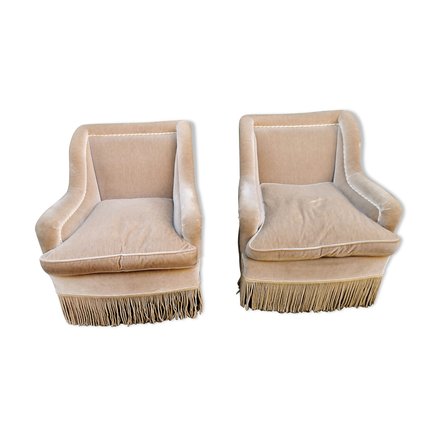 Pair of vintage armchairs, beige velvet