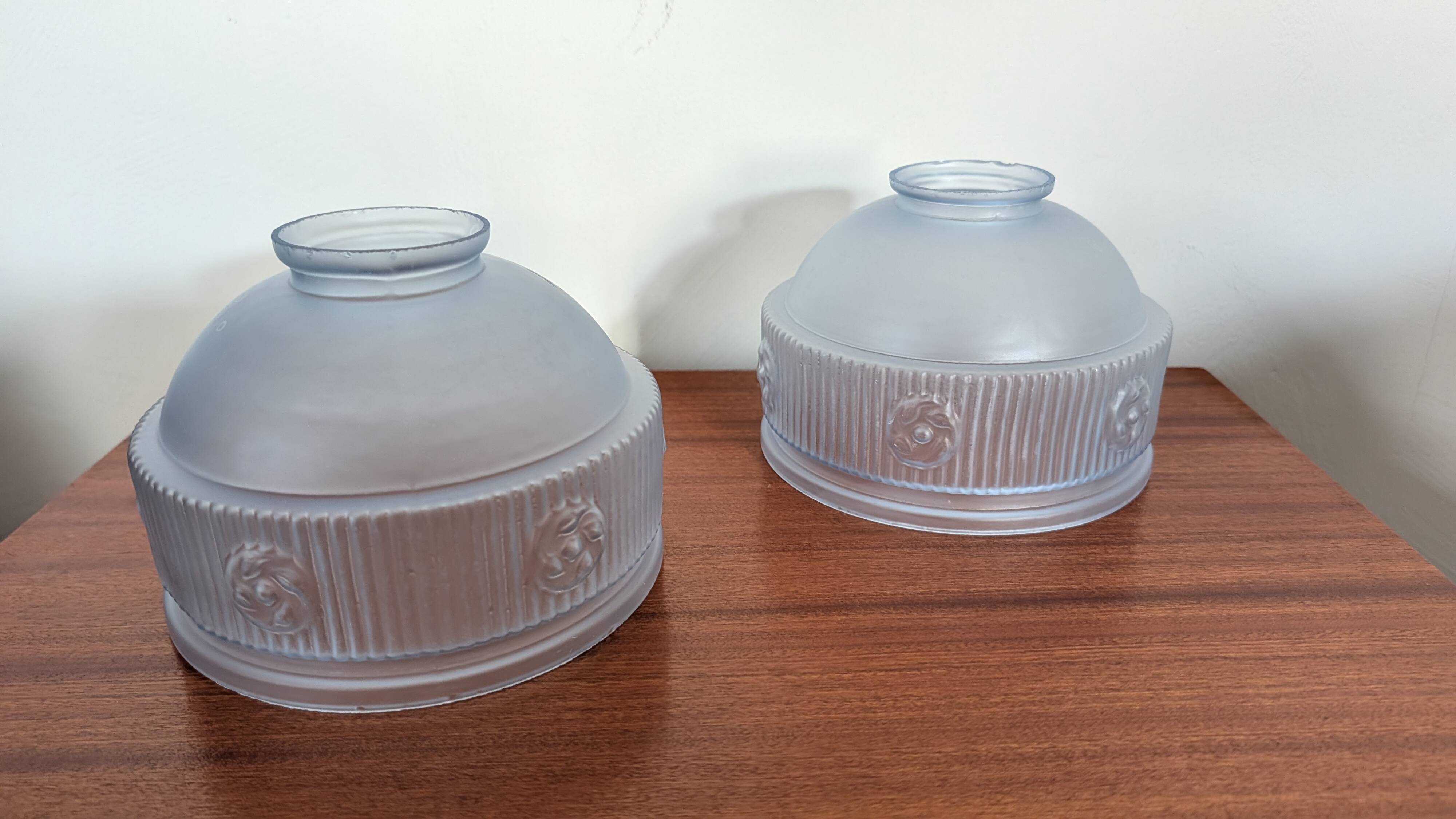 Pair of Art Deco lampshades in frosted blue glass