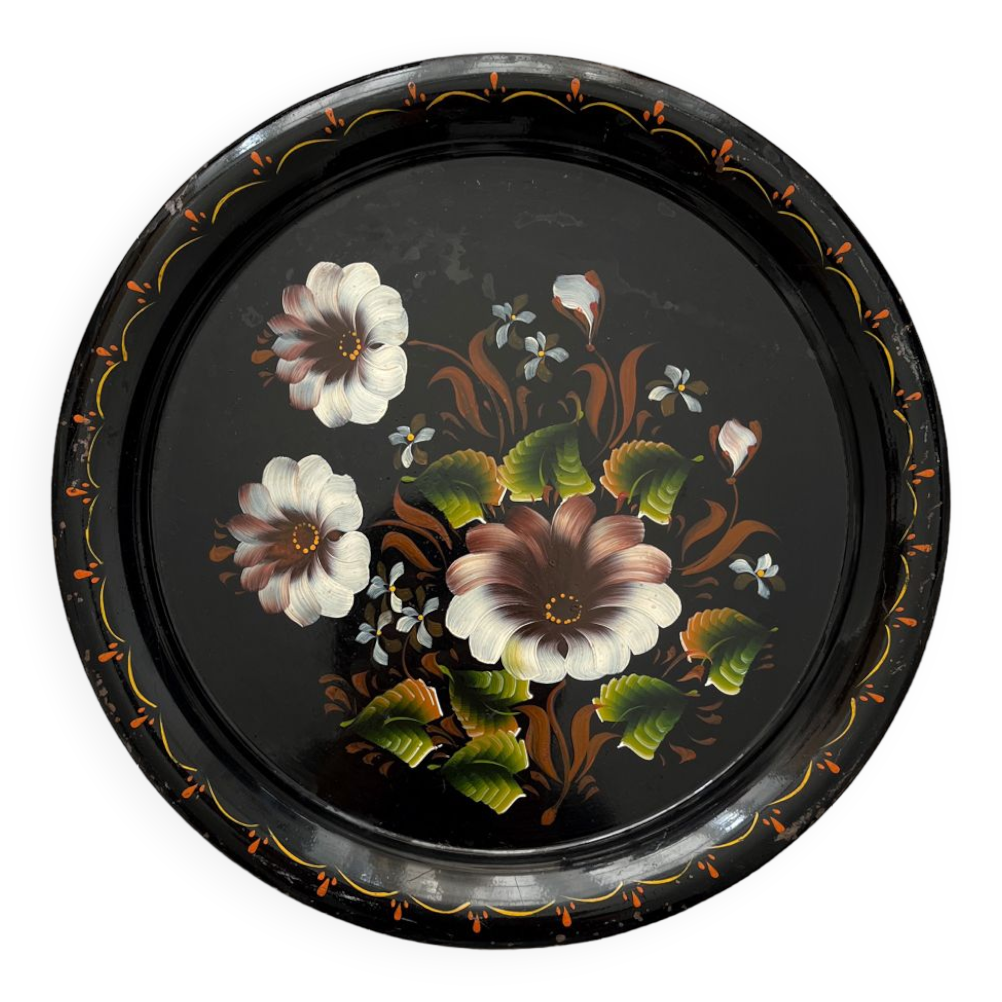 Round black metal tray with vintage flowers