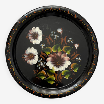 Plateau rond en métal noir fleurs vintage