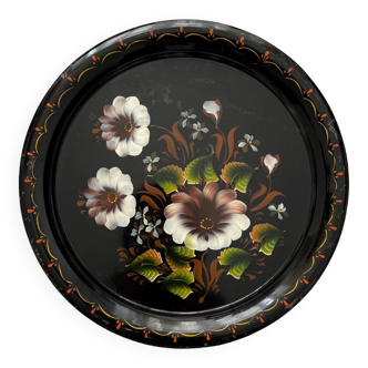Plateau rond en métal noir fleurs vintage