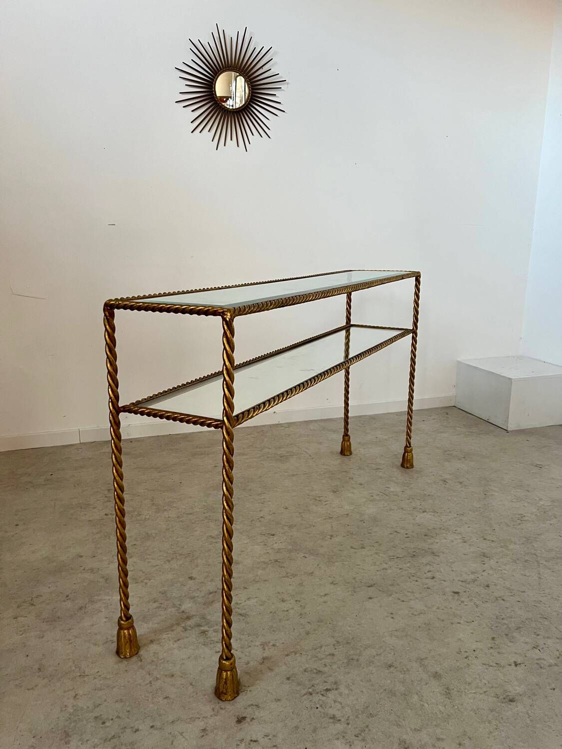 Antique console table in twisted gilded brass and glass Italian design from the 60s vintage table