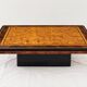 Table basse vintage en loupe d’orme et noyer, laque noire – années 70
