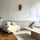 Square ottoman and its cushions in buckle fabric