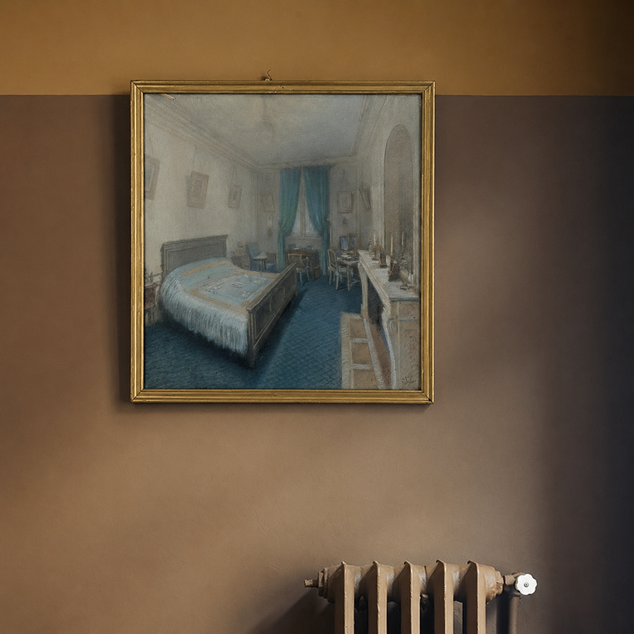 A painting depicting a 19th-century bedroom signed by Jean Victor Fossier.