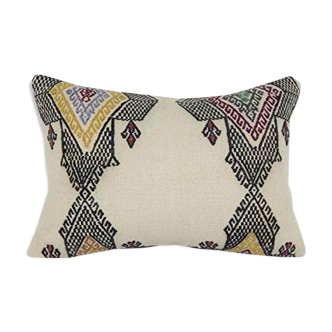 Unique Lumbar Kilim Pillow Cover, Bohemian Traditional Wool Cushion Cover, Ethnic Farmhouse Decor 14'' X 20'' (35 x 50 Cm)