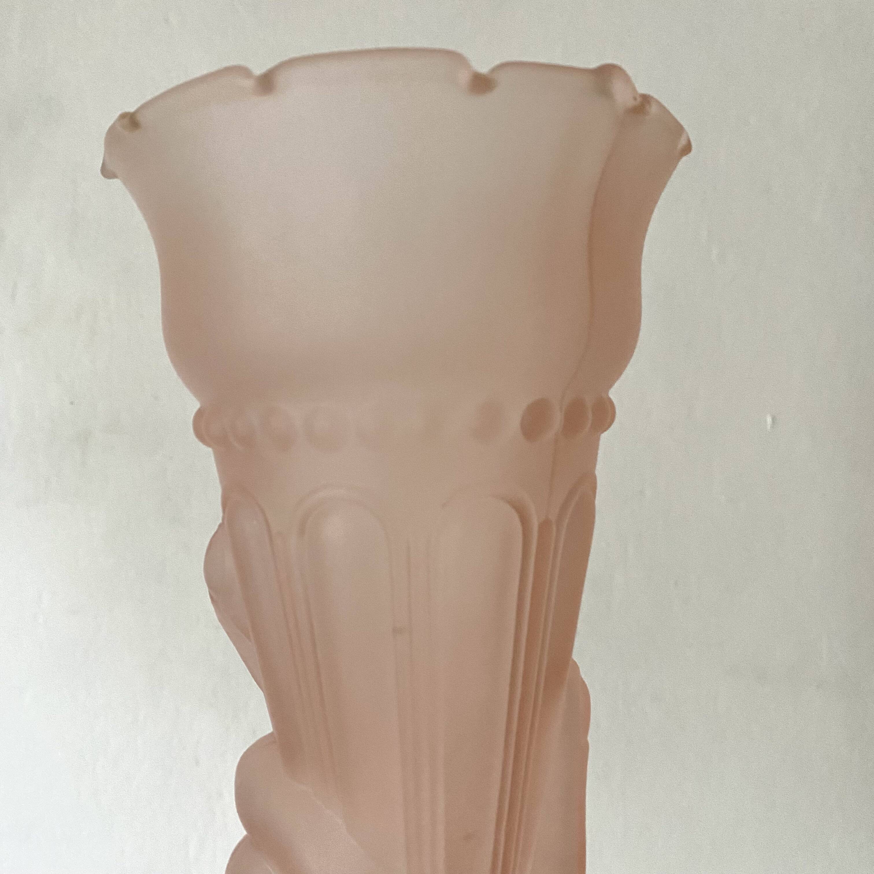 Pair of pink frosted glass torch vases, handmade, art deco