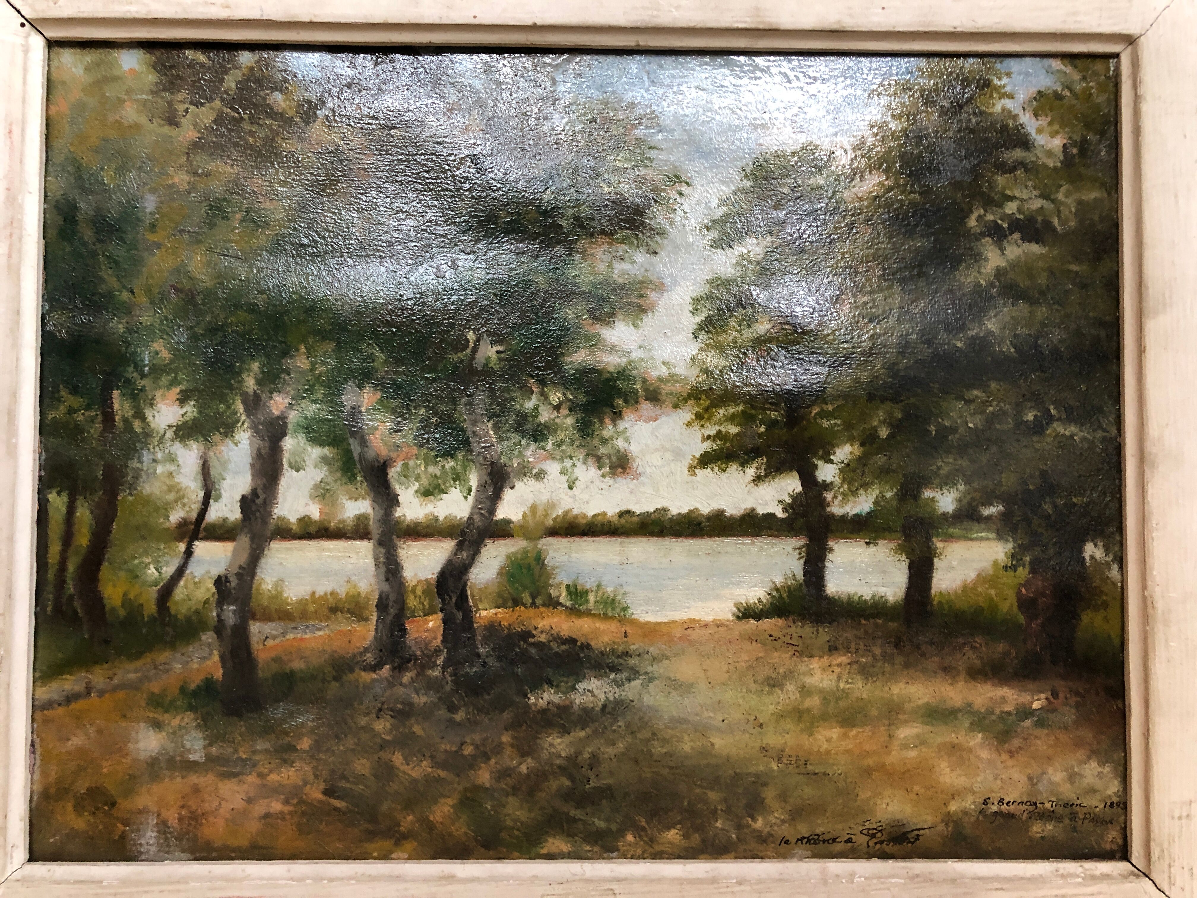 Old oil painting Savior Bernay Theric 1895 the Rhône with vintage wooden frame