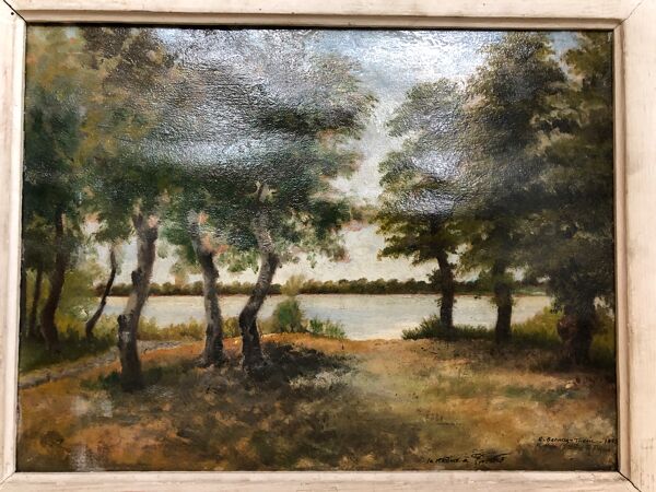 Ancien tableau huile sauveur bernay theric 1895 le rhône avec cadre bois vintage