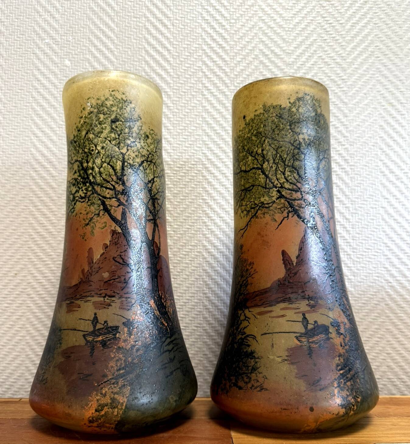 According to Legras: Pair of stained glass roller vases