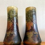 According to Legras: Pair of stained glass roller vases
