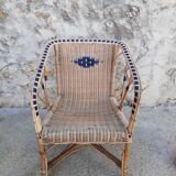 Armchair in wicker rattan and scoubidou