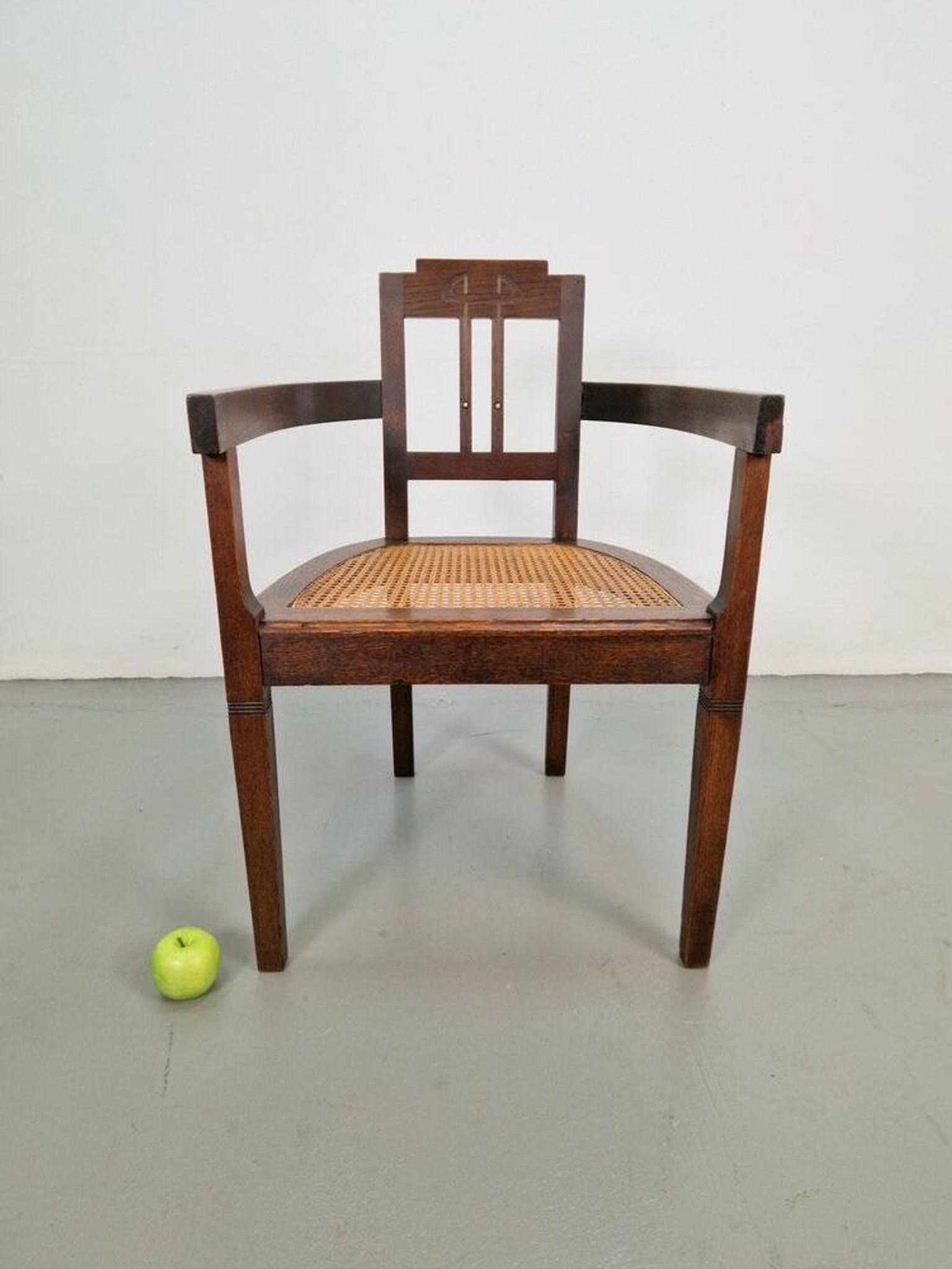 Art Nouveau Deco Armchair in Rattan Webbing, Oak and Copper, 1920s