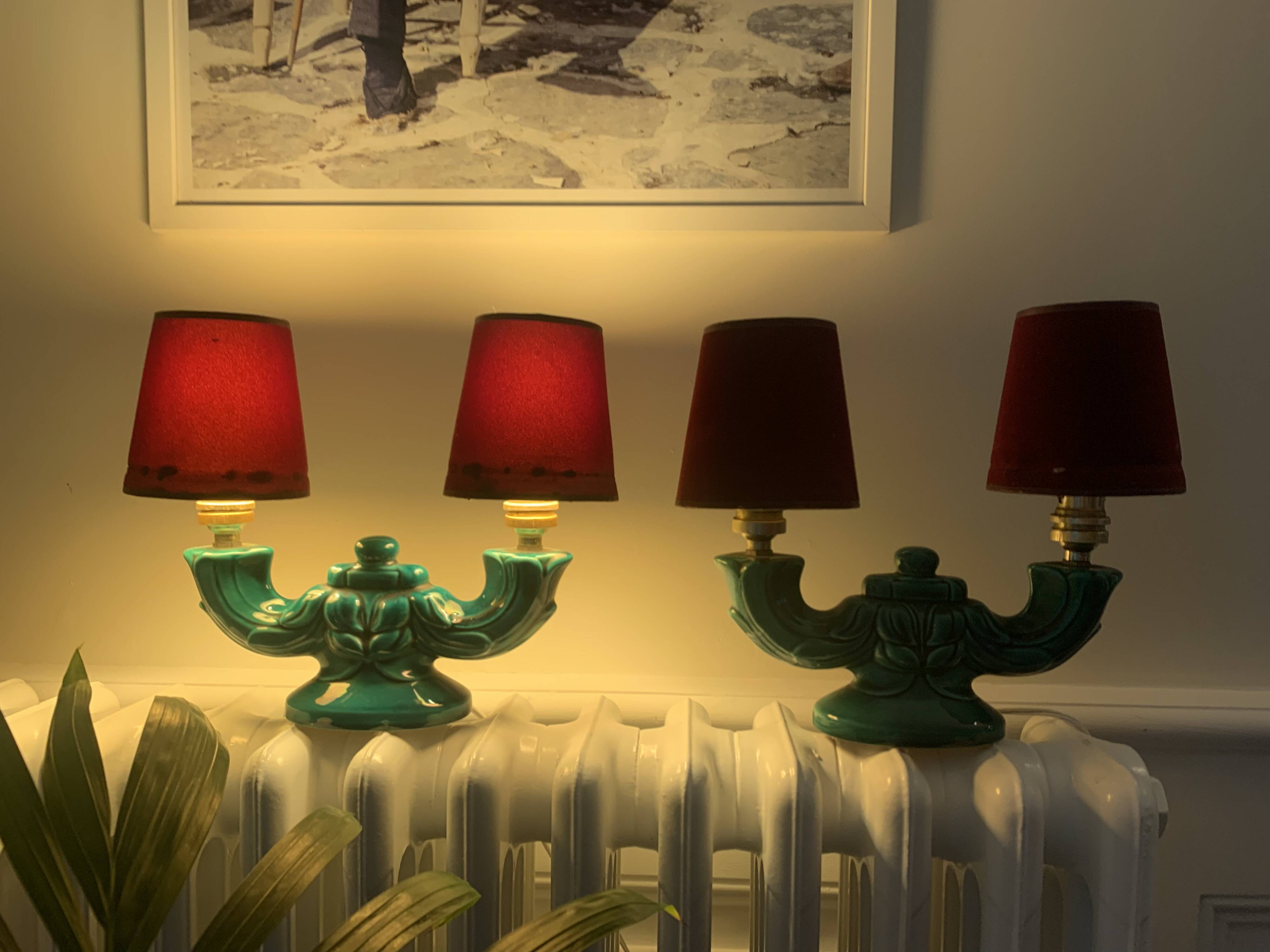 Pair of ceramic lamps with two arms of light, 1940s