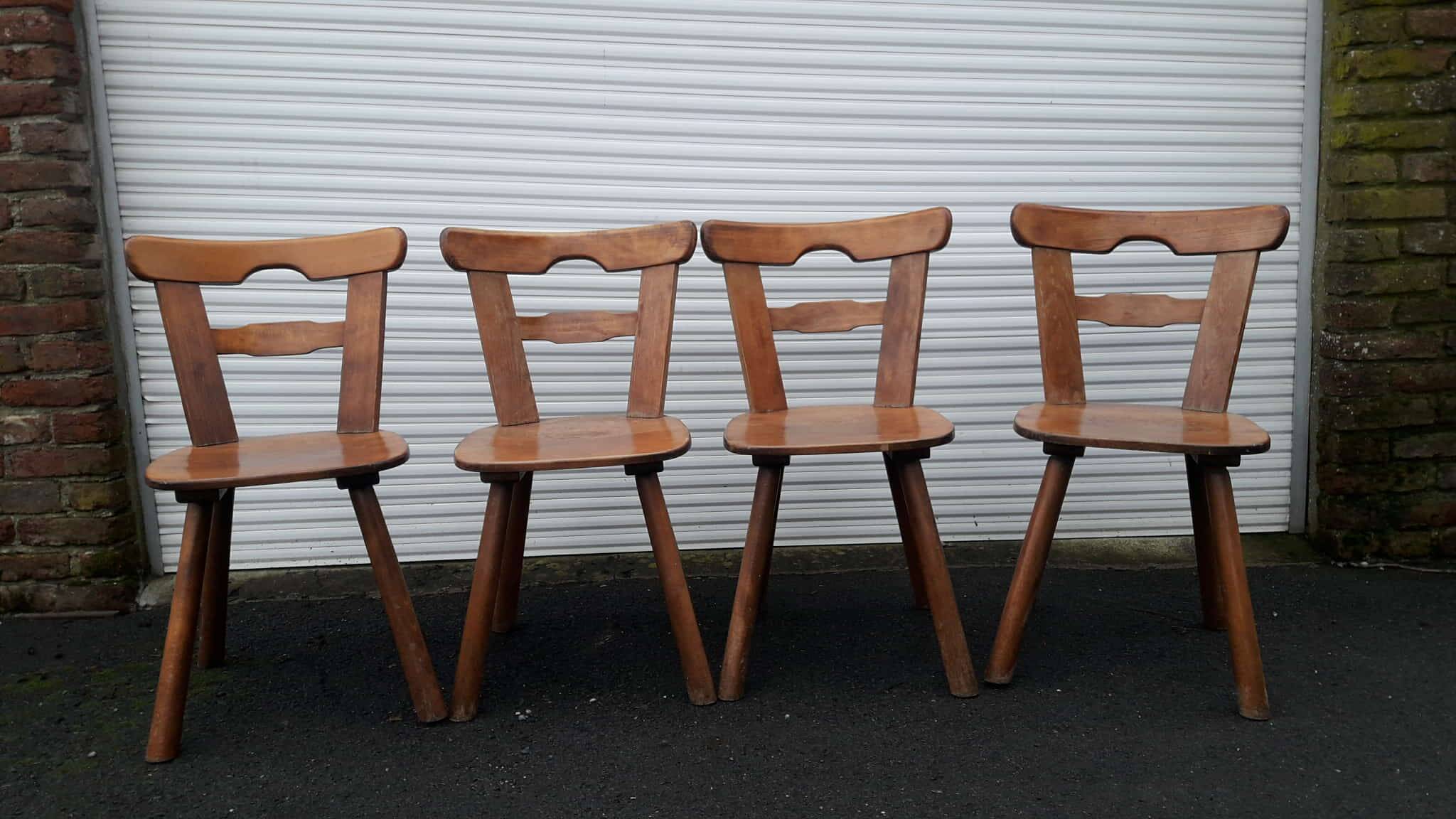 Set of 4 antique Tilburg solid wood brutalist chairs