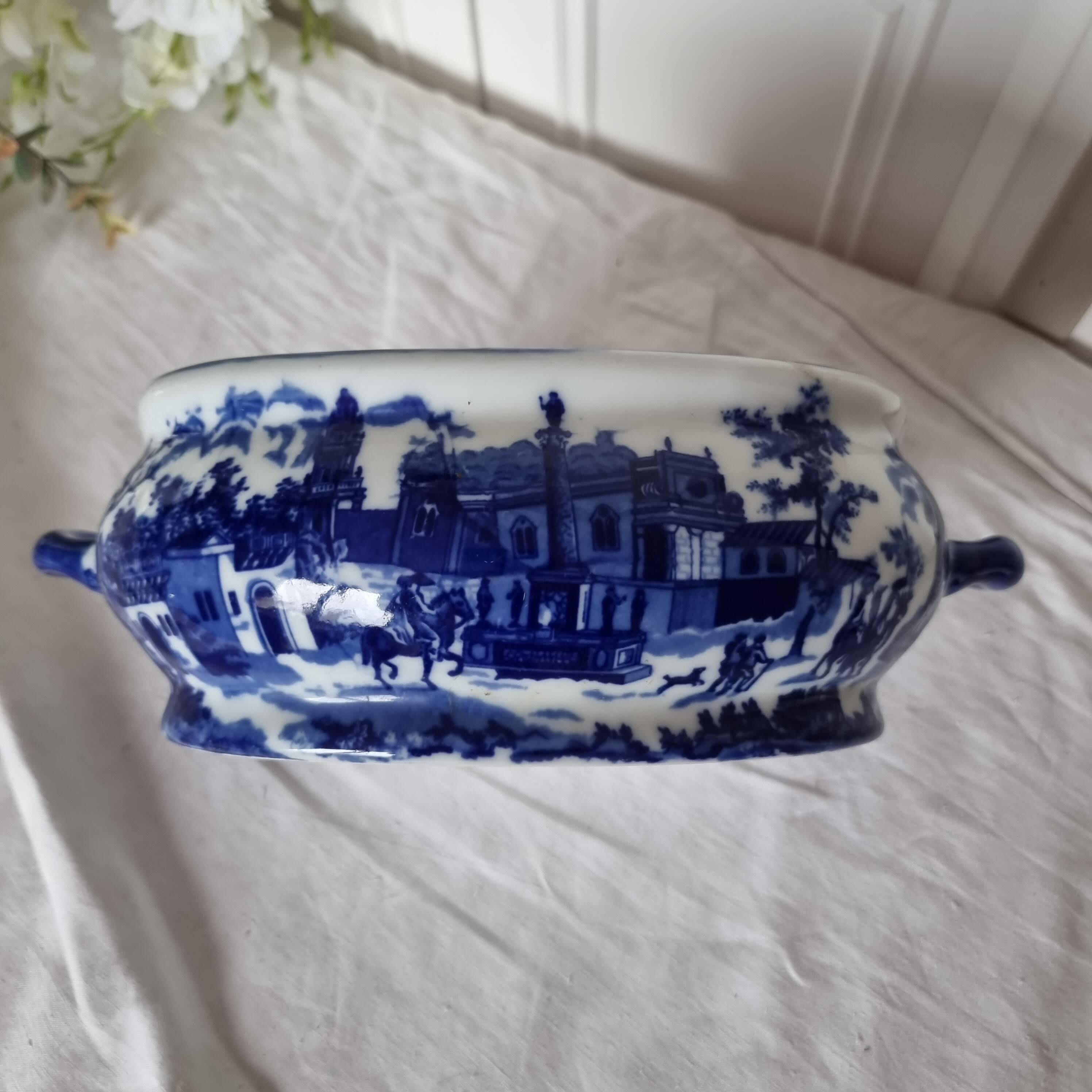 English porcelain flower pot or planter, blue Victorian landscape