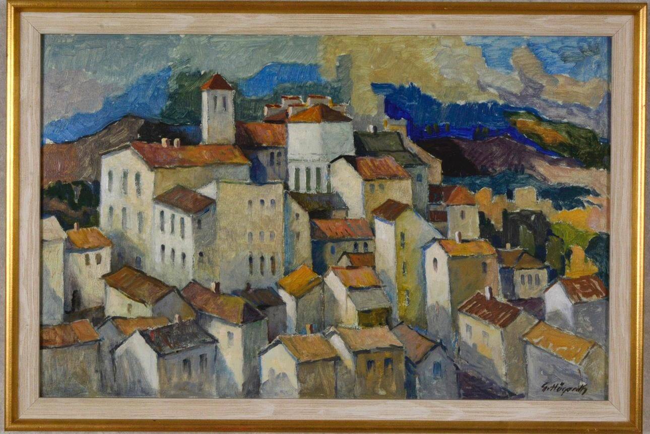 Original Swedish Mid-Century Oil on Canvas “Town” by Tage Garvik Vintage & Framed
